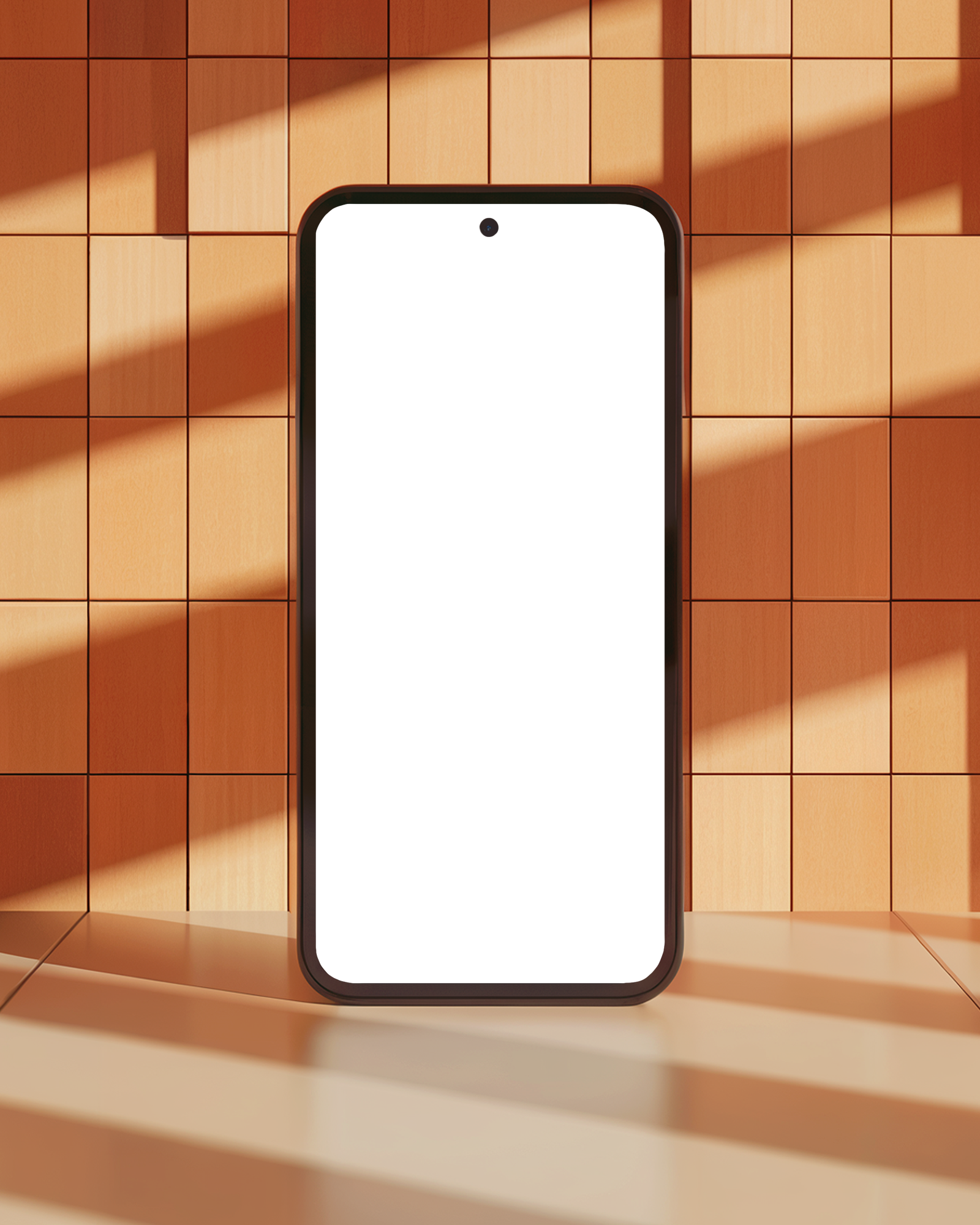 Sunlit Wooden Panel Smartphone Mockup Front View With Bold Shadows And Textured Background Warm Modern Display Style